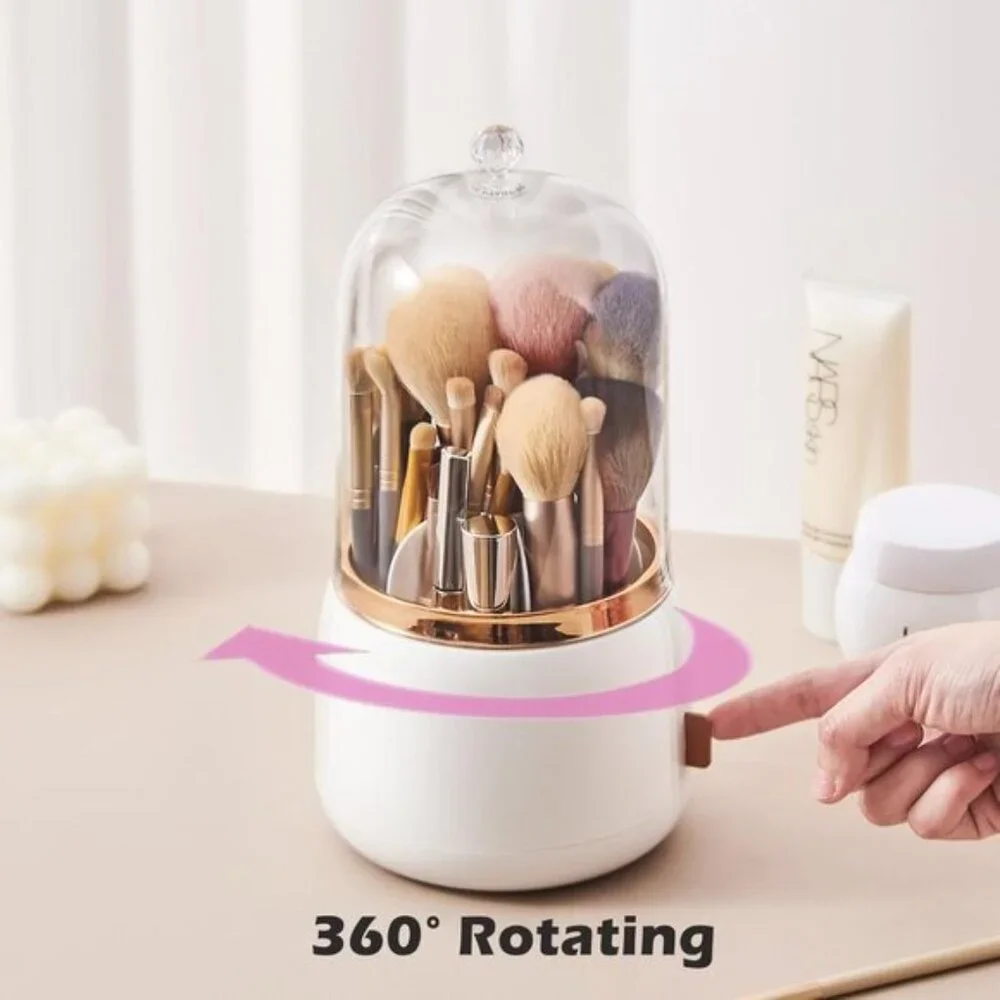 360° Rotating Makeup Brush Holder with Lid, Dustproof Organizer in Pearl White